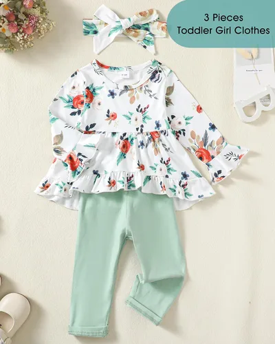 Miniatura 109 de Kucnuzki Conjunto de ropa para bebé niña pequeña, camisa de manga con volantes, pantalón floral, ropa de otoño e invierno para niña