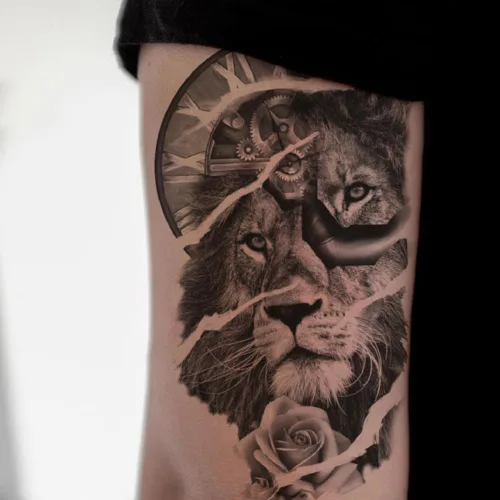 Miniatura 5 de 8 hojas de calcomanías temporales para tatuajes temporales de pierna de brazo de león del bosque, Jesús, cráneo, cráneo, rosa, corona de rosas