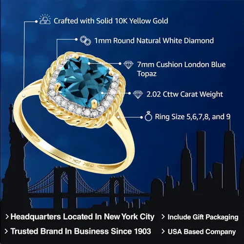Miniatura 2 de Gem Stone King Anillo de compromiso de oro amarillo de 10 quilates con piedra natal y diamante blanco Cojín de 0.276 in Anillo de oro