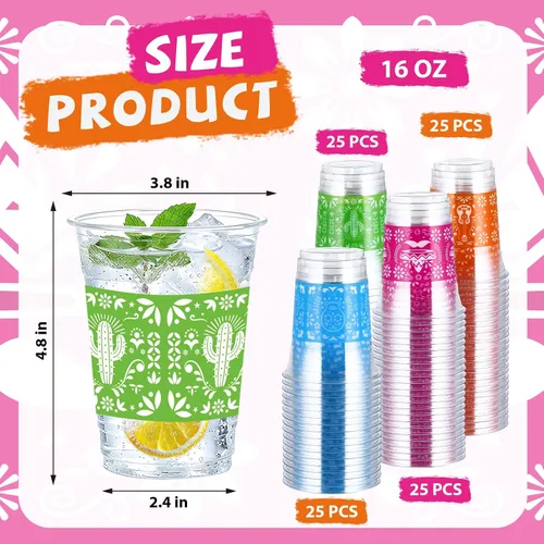 Miniatura 2 de 100 vasos de plástico de papel picado de 16 onzas, vasos de plástico para fiesta mexicana, sarape, vasos transparentes para taco, martes, carnaval
