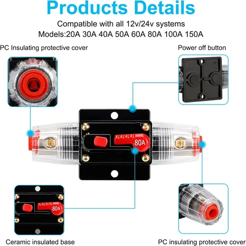 Miniatura 4 de Portafusibles de 80 amperios de 12 V-24 V CC, disyuntor de audio, portafusibles estéreo en línea para automóvil, reinicio manual, para audio
