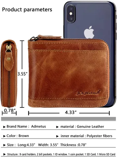 Miniatura 45 de Admetus Billeteras con bloqueo RFID para hombre, billetera de cuero con cremallera para hombres con tarjetero RFID plegable