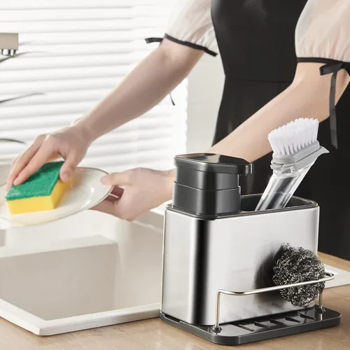 Miniatura 3 de LIBODOUR Dispensador de jabón para fregadero de cocina y baño, soporte de esponja 3 en 1 para cocina, organizador de dispensador de jabón
