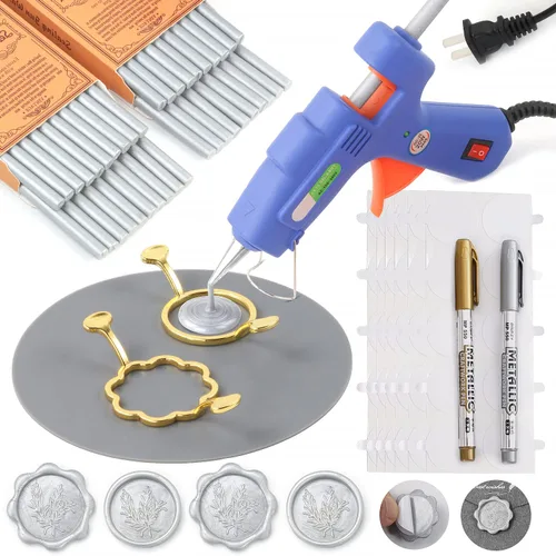 Miniatura 15 de Juego de sellos de cera, 40 varillas de cera de sellado de bronce con pistola de pegamento, moldes de sellado de cera, alfombrilla de silicona