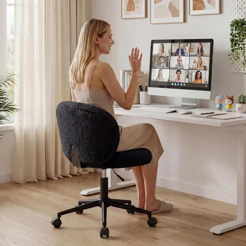 Miniatura 4 de Homkdom Silla de escritorio redonda pequeña, silla de tocador sin brazos con ruedas, altura ajustable y giratoria de 360°, bonita silla de Negro