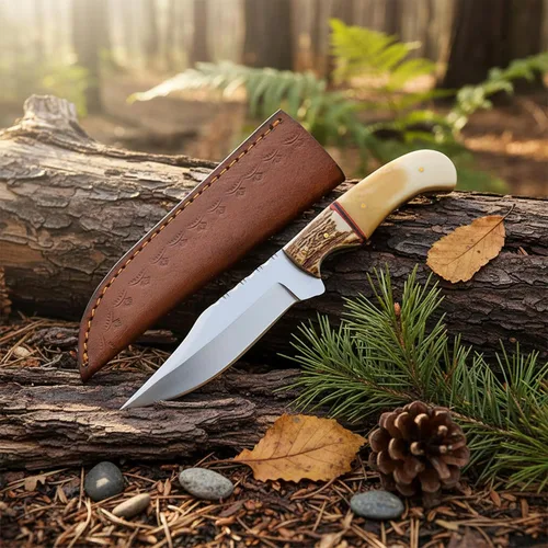 Miniatura 5 de SZCO Supplies 8.75" cuchillo de caza al aire libre del hueso del ciervo que acampa con la vaina de cuero