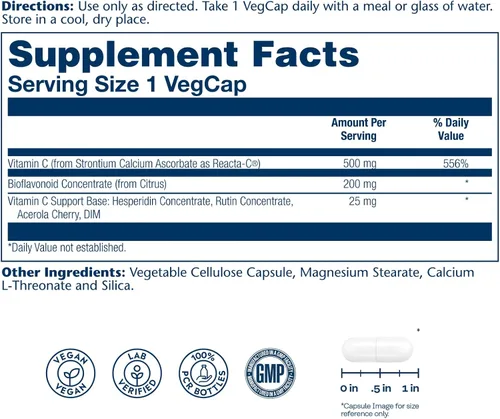 Miniatura 2 de SOLARAY Reacta-C con vitamina C 500 mg - 200 mg concentrado de bioflavonoide, vitaminas de defensa inmunológica - Suplemento patentado de apoyo
