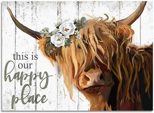 Arte de pared de vaca de las montañas – This Is Our Happy Place - Póster de lienzo inspirador para el hogar, vaca escocesa de pelo largo con imagen