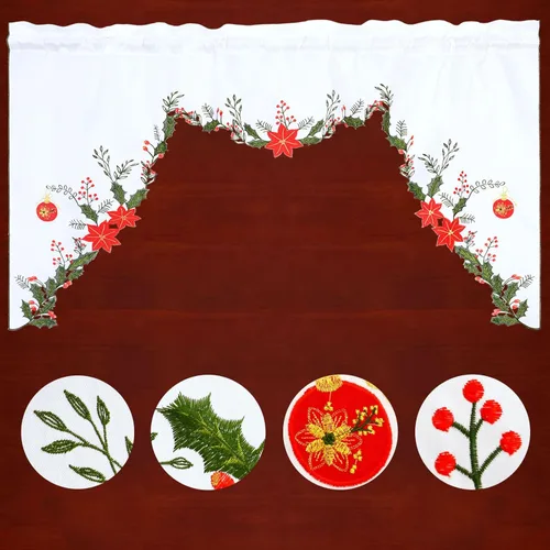 Miniatura 2 de Juego de cortinas para ventana de cocina con bolsillo de varilla bordadas para las vacaciones de Navidad (Poinsettia B)