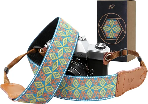Padwa Lifestyle Correa de cámara bordada vintage en rombo amarillo - Correas de cámara de 2" de ancho con extremos de piel de vaca, correa ajustable