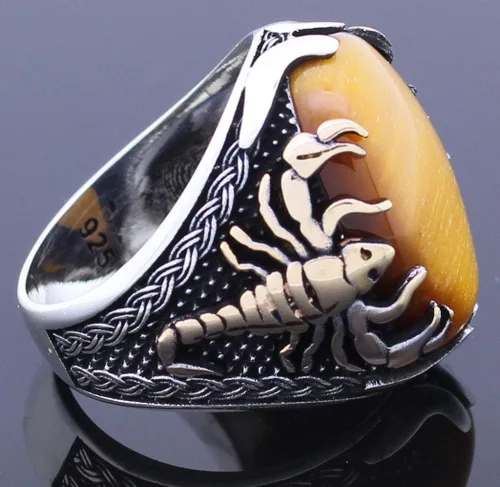 Miniatura 3 de Anillo de plata de ley 925 maciza con ojo de tigre y figura de escorpión para hombre