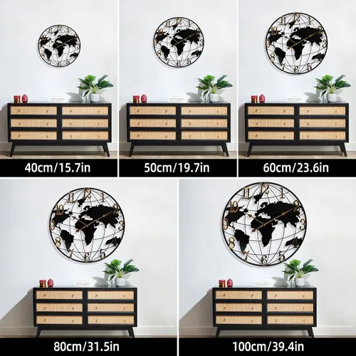 Miniatura 4 de Maxstar Reloj de pared grande con mapa del mundo, minimalista de metal, moderno, redondo, silencioso, sin tictac, funciona con pilas, para sala