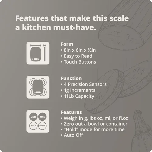 Miniatura 8 de Greater Goods Báscula de alimentos – Báscula digital de cocina, precisión de 1g (0.035 oz), tara fácil y conversión rápida, diseño compacto delgado
