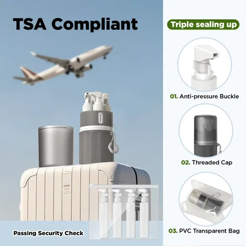 Miniatura 3 de YOTIME Juego de botellas de viaje 4 en 1, ventosa de silicona al vacío para paredes lisas, recipientes de tamaño de viaje aprobados por la TSA a Gris