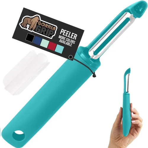 GORILLA GRIP Pelador de verduras patentado de acero inoxidable afilado sin BPA, doble giratorio, mango suave y cómodo, pele suavemente manzanas,