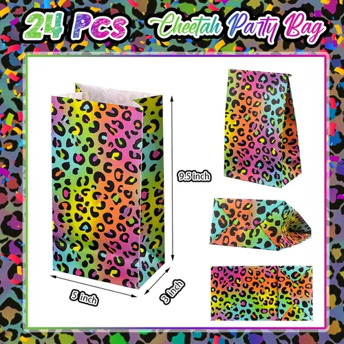 Miniatura 2 de Leinuosen 24 bolsas de papel de leopardo arcoíris neón, guepardo, regalo de fiesta de cumpleaños, guepardo, bolsas de papel para regalo de leopardo