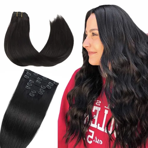 Extensiones de cabello Remy liso negro azabache, 8 piezas de 4.23 oz, sedoso y lacio, doble trama, extensiones de cabello Remy con clip, 20 pulgadas