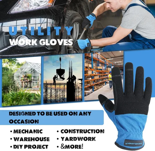 Miniatura 5 de HANDLANDY Guantes de trabajo para hombre y mujer, guantes de trabajo de mecánicos de uso general con pantalla táctil, guantes de trabajo flexibles