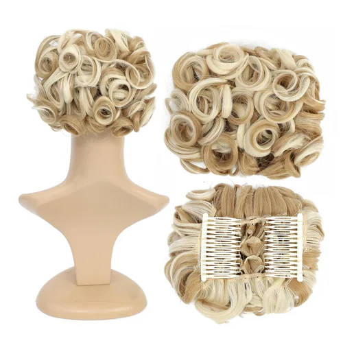 Miniatura 14 de SWACC Extensión de moño corto rizado desordenado, fácil de estirar, peines para el cabello, extensión de cola de caballo con clip, coletero, Marrón