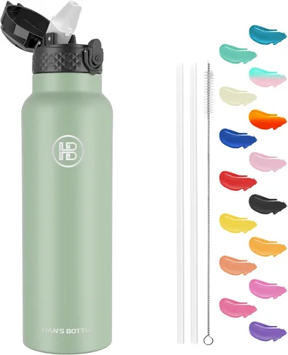 Miniatura 25 de Han's Bottle - Botella de agua para niños con tapa con pajilla - Vaso reutilizable de acero inoxidable aislado para niñas, niños, taza térmica, 17