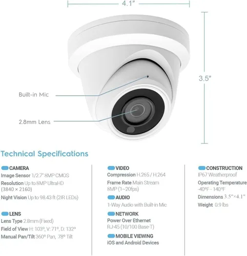 Miniatura 3 de Marquis Cámara de torreta IP PoE 4K 8MP con sensor Sony Starvis con micrófono, audio, cámara de seguridad IP visión nocturna al aire libre 98 pies