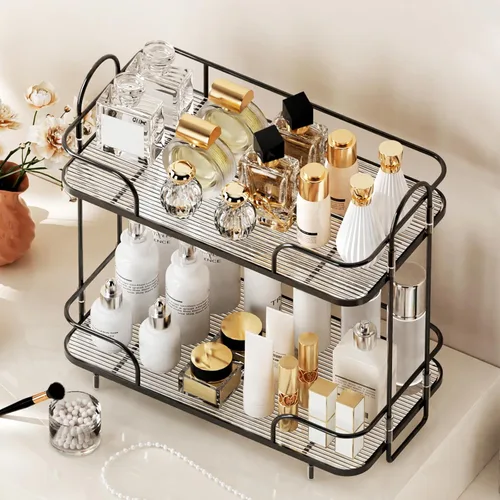 Miniatura 5 de Organizador de esquina de 2 niveles para encimera de baño, organizador cosmético para el cuidado de la piel, bandeja de perfume para encimera