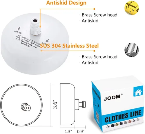 Miniatura 3 de JOOM Tendedero retráctil de acero inoxidable resistente de 9 pies (máx), para colgar en el baño, lavandería, hoteles, acabado cromado, estilo Blanco