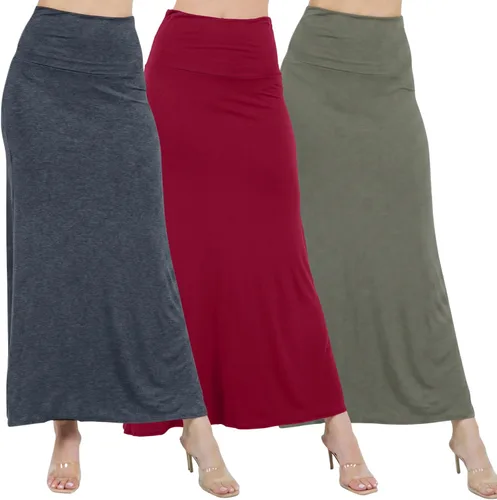 Miniatura 7 de Azules 3 Pack Women’s Maxi Skirt – Soft Stretchy Rayon Fold Over High Waist Long Flowy Boho Skirt for Casual or Dressy Wear