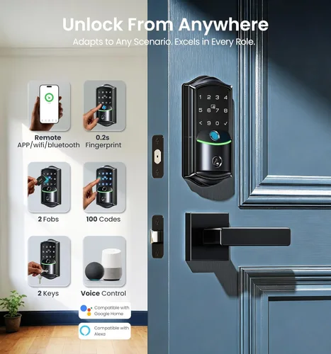 Miniatura 3 de Veise VE027 - Cerradura inteligente Wi-Fi integrada, cerradura de puerta delantera sin llave de huellas dactilares, control remoto y control de voz