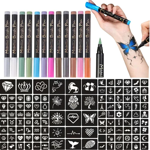 Marcadores temporales de tatuaje para piel – Bolígrafos de tatuaje de doble extremo para arte corporal y facial con 111 papeles para plantillas de