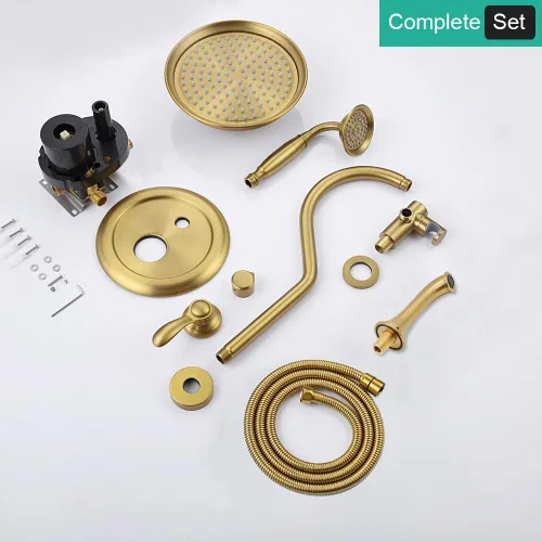 Miniatura 7 de Sistema de ducha antiguo de oro cepillado con boquilla de bañera: grifos de lluvia de 9 pulgadas en la pared, cabezal de lluvia y rociador de mano