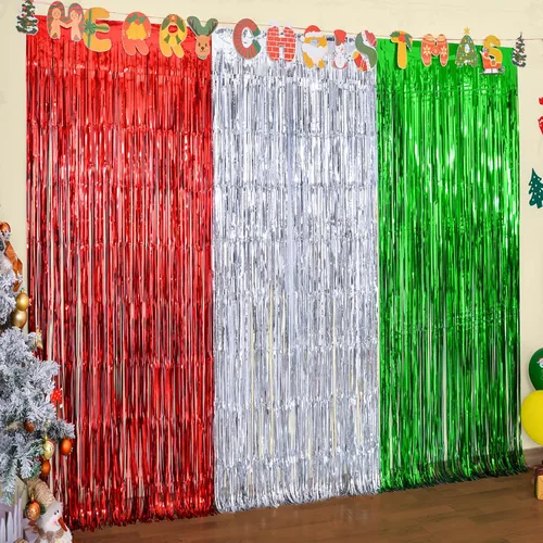 LOLStar Paquete de 3 cortinas de oropel con flecos para fiesta de Navidad de 3.3X6.6 pies cada una, cortinas de fiesta rojas, plateadas y verdes con