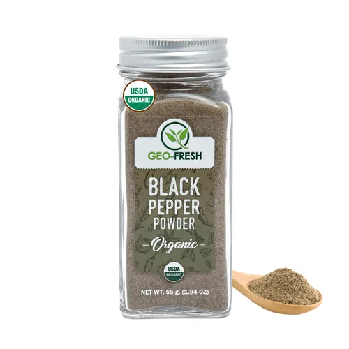 Geo-Fresh Polvo de pimienta negra orgánica – Tarro de vidrio de 1.94 oz – Pimienta negra molida – Certificado USDA – Sin OMG, Kosher, sin gluten –