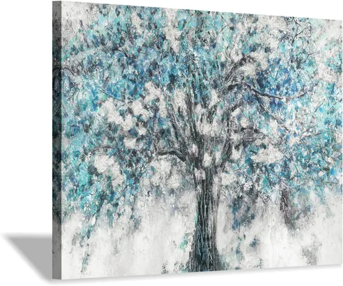 Miniatura 11 de Hardy Gallery Lienzo abstracto de árbol para la pared: pintura azul, impresión gráfica sobre lienzo, tamaño pequeño sin adornos para comedor