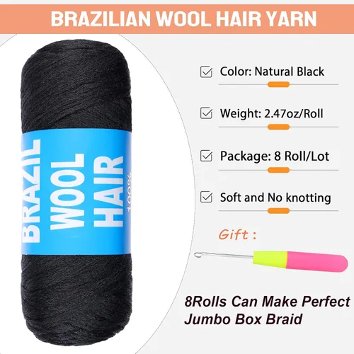 Miniatura 2 de 8 piezas de lana brasileña para trenzas, negro natural, cabello de lana brasileña para trenzar para mujeres, hilo para cabello para locs falsos