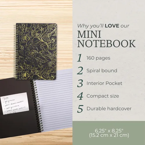 Miniatura 3 de Steel Mill & Co - Lindo cuaderno en espiral negro, diario de 8.25 x 6.25 pulgadas con tapa dura duradera y 160 páginas forradas, diseño floral
