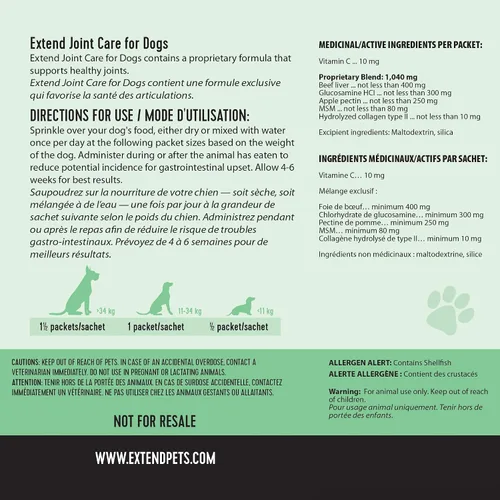 Miniatura 9 de Suplemento para perros Extend, cuidado de articulaciones para perros, suministro para 1 mes, glucosamina para perros con MSM y ácido ascórbico
