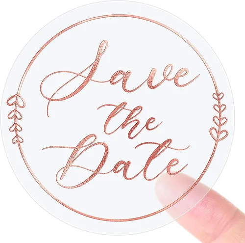 100 x sellos para sobres Save The Date – Pegatinas de oro rosa para bodas – Etiquetas transparentes para detalles – Pegatinas en relieve de papel de