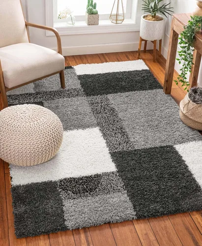 Well Woven Madison Shag Cubes - Alfombra moderna negra de 5 pies 3 pulgadas x 7 pies 3 pulgadas Negro