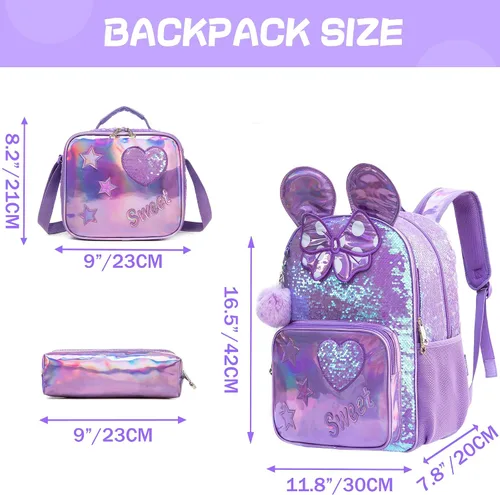 Miniatura 26 de Mochila para niñas de 16 pulgadas, mochilas para niñas para la escuela, mochila de lentejuelas con lonchera para estudiantes de primaria