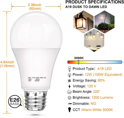 Miniatura 2 de SHINE HAI - Bombillas LED de anochecer a amanecer con sensor, A19 12W, bombillas de encendido y apagado automático, 1200 lúmenes, base E26, blanco