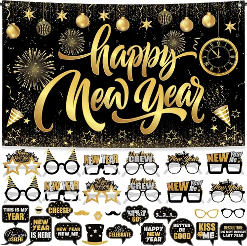 KatchOn, Suministros para fiesta de Año Nuevo 2026 – Paquete de 32 | Cartel de Feliz Año Nuevo, accesorios de cabina de fotos de NYE para