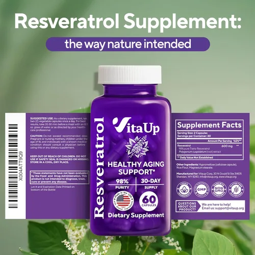 Miniatura 7 de VitaUp Suplemento de trans-resveratrol – 98% pureza en cápsulas de resveratrol fabricadas en Estados Unidos 600 mg – estandarizado al 98%