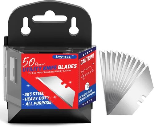 DIYSELF Paquete de 50 Cuchillas para Cuchillo Utilitario, Cuchillas Cortadoras de Caja de Acero SK5 con Dispensador, Cuchillas Estándar para