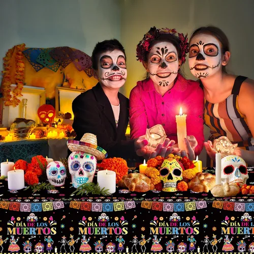 Miniatura 2 de 2 Piezas Mantel del Día de los Muertos - Mantel de Plástico Dia De Los Muertos, Mantel Desechable con Calavera de Azúcar Floral Cubierta de Mesa