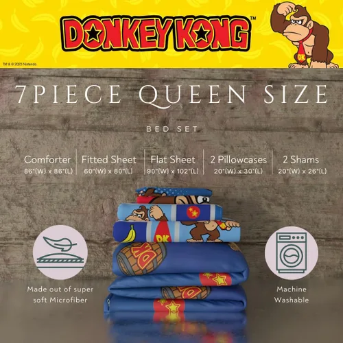 Miniatura 3 de Franco - Juego de ropa de cama coleccionable Nintendo Donkey Kong, 7 piezas, edredón reversible supersuave y juego de sábanas con funda, tamaño Rojo