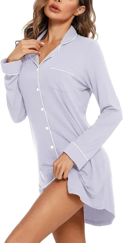 Miniatura 105 de Samring Camisón de pijama para mujer, manga corta/larga, con botones, camisón para dormir, camisón para novio, talla XXL
