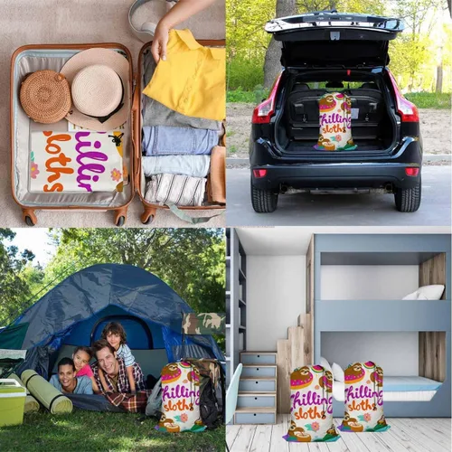 Miniatura 7 de Swono Adorable perezoso con cordón portátil de gran capacidad, bolsas de lavandería para disfrutar de vacaciones de verano, hojas de palmera, bolsas