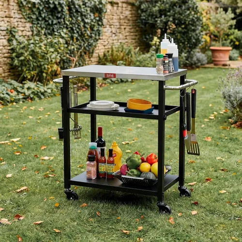Miniatura 2 de Feasto Mesa de parrilla de 3 estantes, soporte para horno de pizza con estante, carrito de parrilla para horno de pizza móvil, parrilla