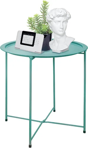 Miniatura 16 de Garden 4 you - Mesa auxiliar de metal negra redonda plegable con bandeja cian, mesa auxiliar redonda, para poner al lado del sofá, mesa
